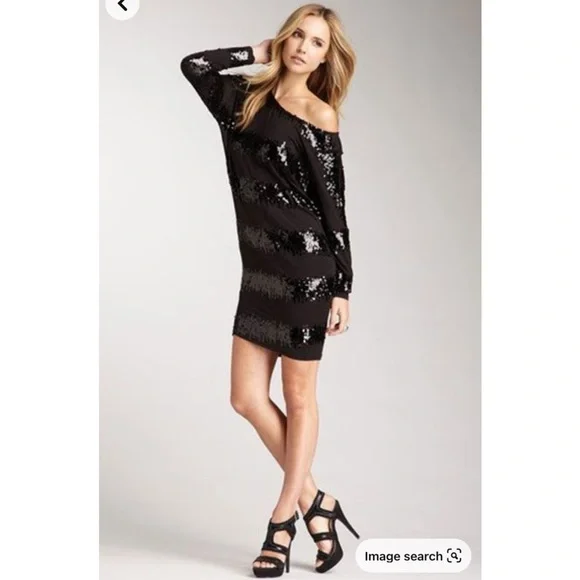 Anthro NANETTE LEPORE Black Wavy Sequin Striped Long Sleeve Dress - Picture 2 of 16